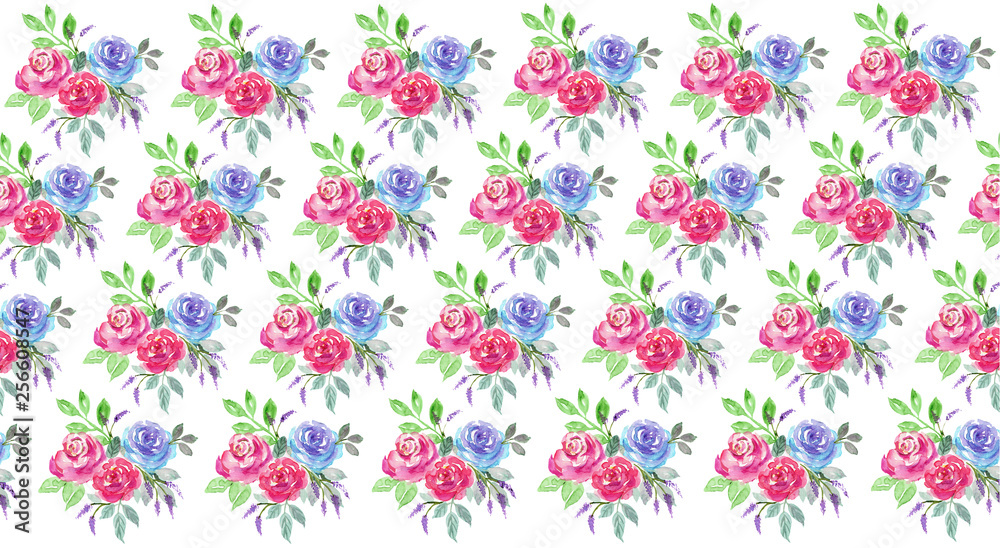 Beautiful watercolor rose bouquet pattern isolated on white background painted floral bohemian spring pattern 