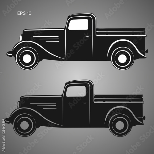 Old retro pickup truck vector illustration. Vintage transport vehicle