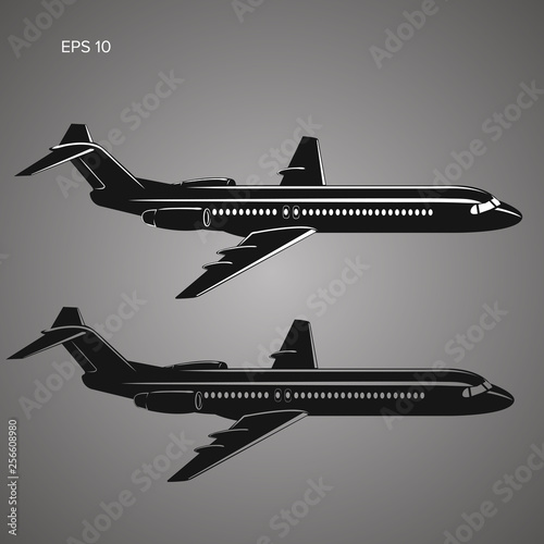 Modern twin engine jet airliner vector illustration icon.