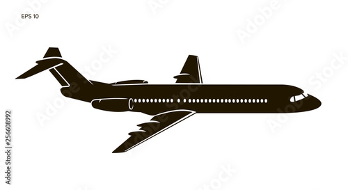 Modern twin engine jet airliner vector illustration icon.