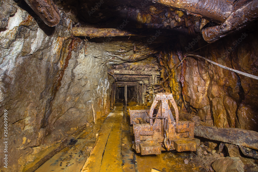 Fototapeta premium Undeground gold mine tunnel drift with rails
