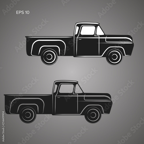 Old retro pickup truck vector illustration. Vintage transport vehicle