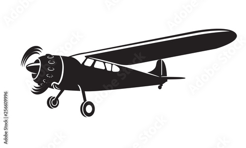 Vintage small plane vector illustration. Single engine propelled aircraft icon.