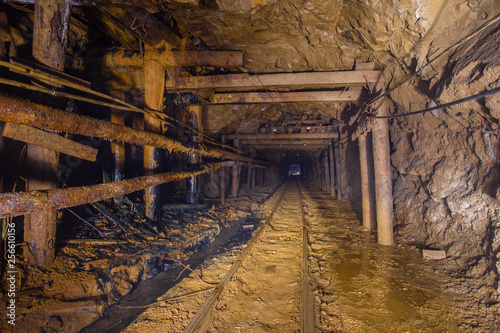 Underground gold mine tunnel drift with rails © Mishainik