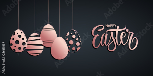 Happy Easter holiday banner with handwritten easter greetings and rose gold easter eggs. Vector illustration. 