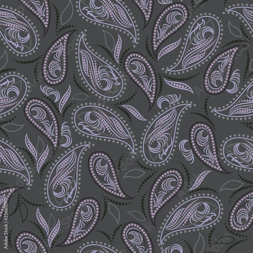 Seamless grey ethnic pattern with paisley . Vector background. Use for pattern fills, textile design, wallpaper.