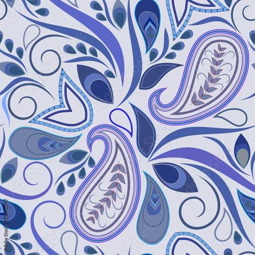 Seamless azure pattern with paisley. Traditional ethnic ornament. Vector print. Use for wallpaper, pattern fills,textile design.
