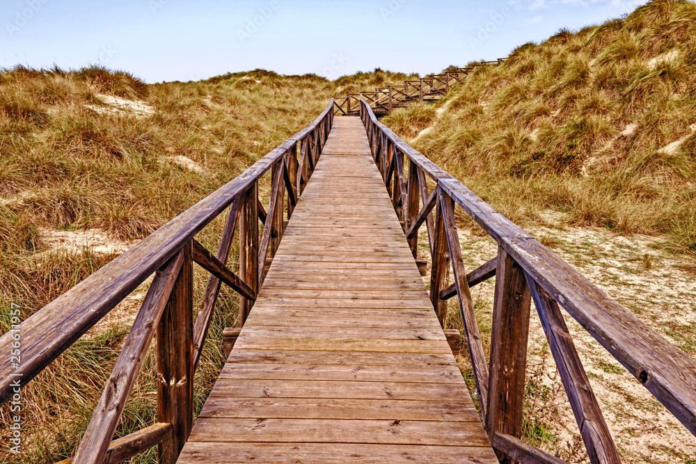 Wooden walkway with sea, sand dunes, cala mesquida, mallorca, spain.