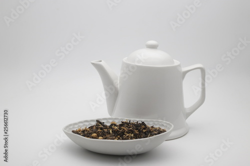 White Tea pot and Herbal Tea on White Background