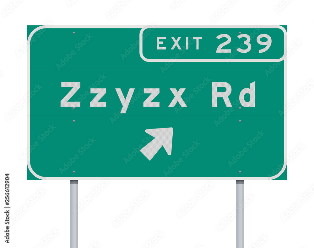 Zzyzx Route Exit direction Road sign Zzyzx Route Exit direction Road sign