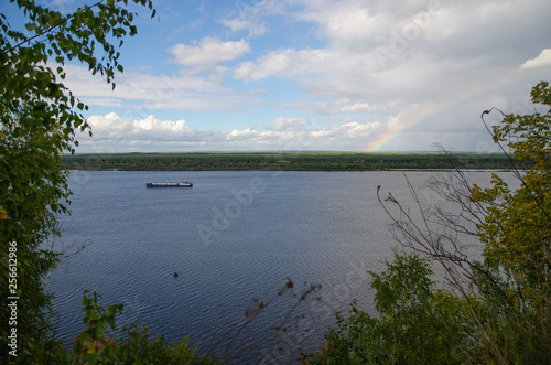 Volga river, barge, forest, rainbow