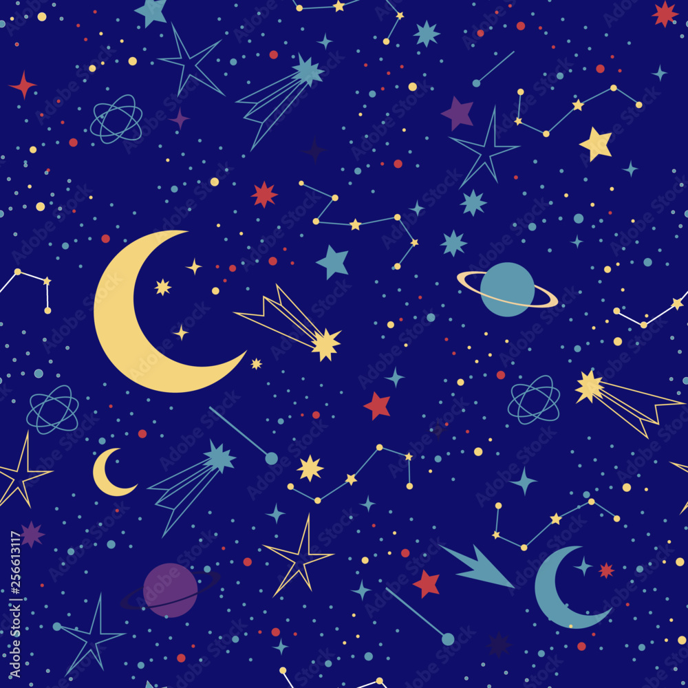 Stars in night sky background, space vector pattern. Space Galaxy constellation seamless pattern 