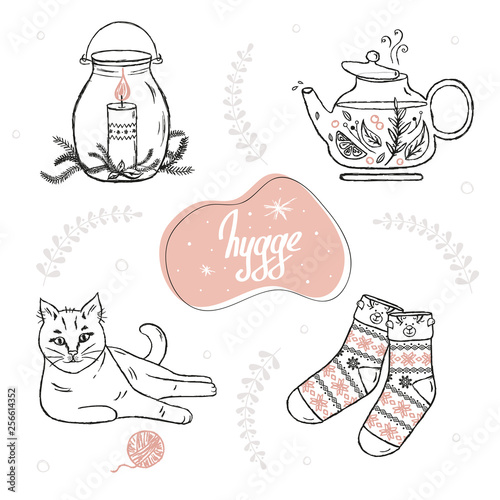 Hygge items on white background. Scandinavian hygge concept