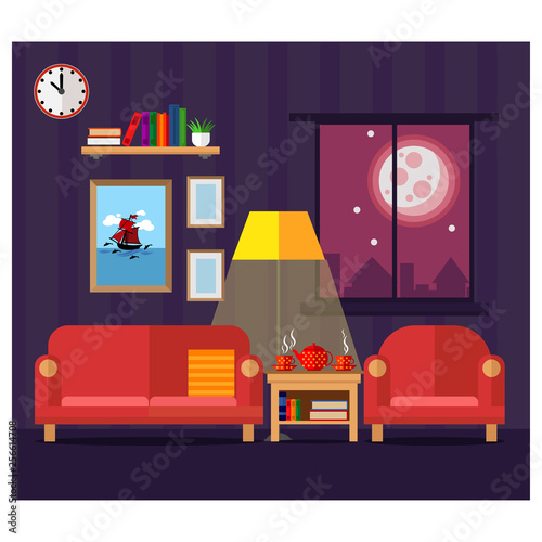 Living room in the evening. A place to relax, home comfort. Vector illustration in flat style.