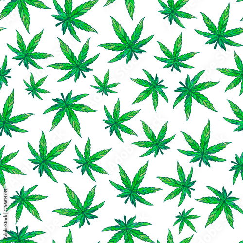 Cannabis green leaf seamless pattern. Weed surface design. Vector hand drawn isolated on white