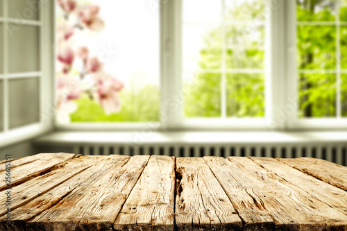 Desk of free spring time and window background 