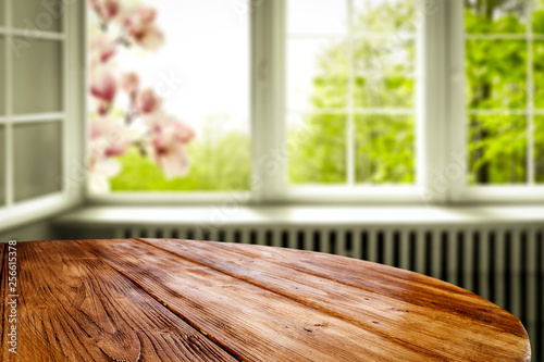 Desk of free spring time and window background 