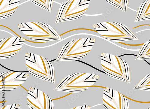 floating feathers leaves seamless pattern in silver gold