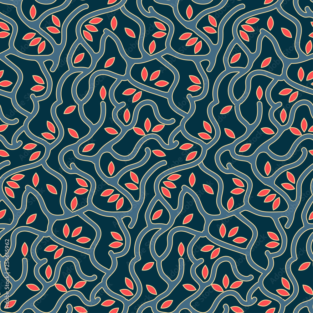 foliage and branches seamless pattern in retro blue red