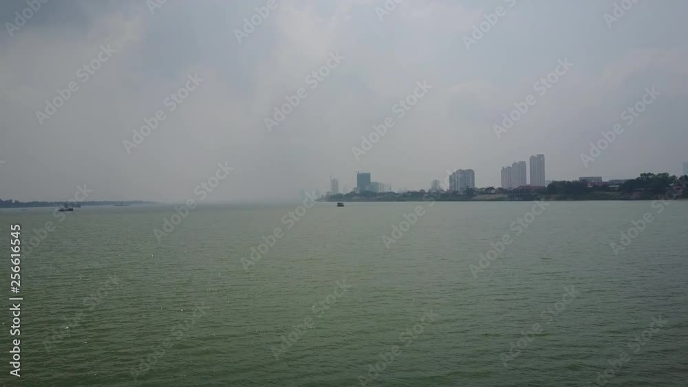 Phnom Penh,Cambodia - February 06,2018: Dron fly over Cambodia Mekong river. Phnom Penh,Cambodia - February 06,2018: Dron fly over Cambodia Mekong river.