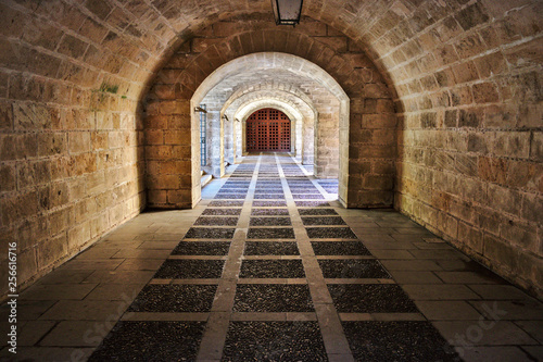 Palma cathedral ancient brick passageway with arches and iron gate, mallorca, spain. © gaz