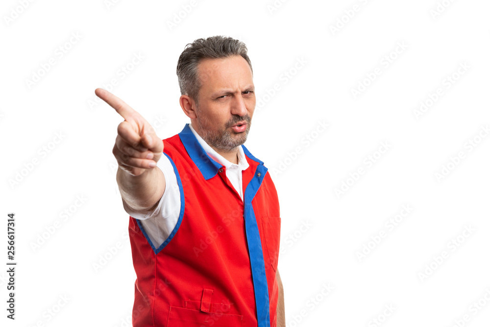 Store owner holding finger as not allowed gesture. Store owner holding finger as not allowed gesture.