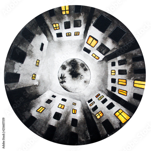 black white round illustration of night sky moon house