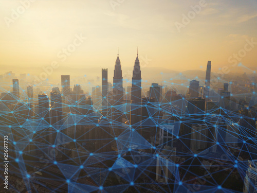 Photography Digital network connection lines of Kuala Lumpur Downtown, Malaysia