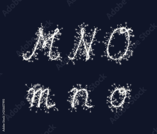Vector sparkler alphabet font MNO letters for birthday and new year