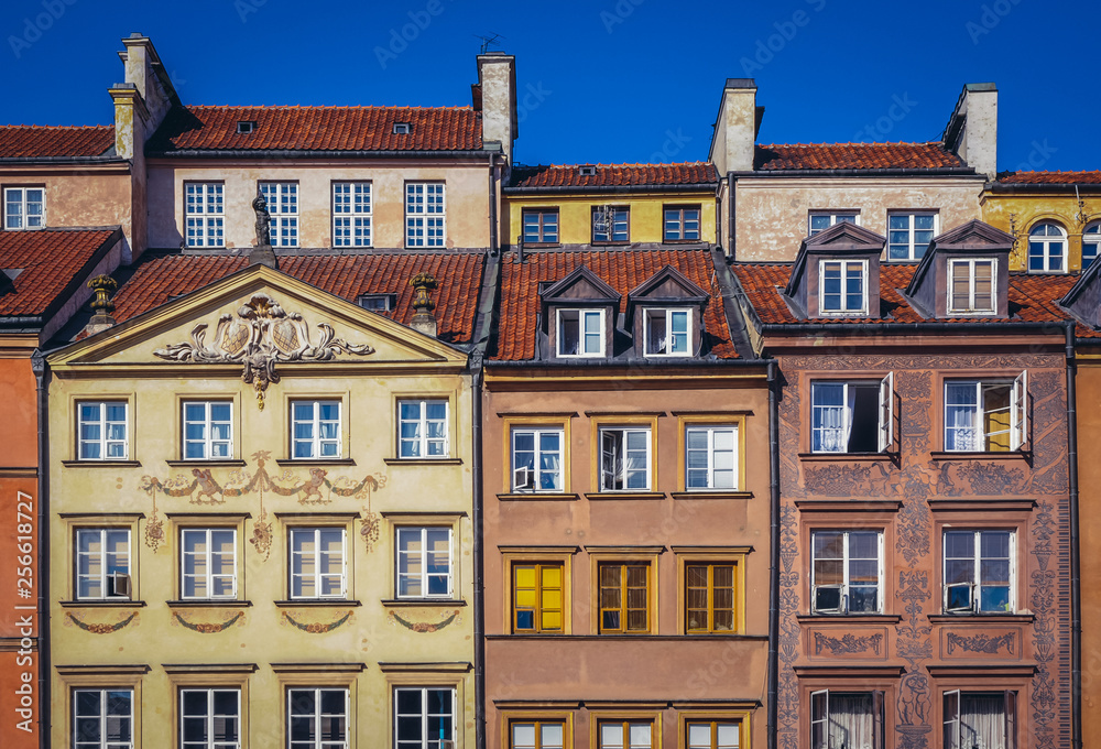 Coloured tenement houses on historic Old Town in Warsaw, Poland