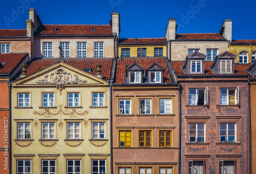 Coloured tenement houses on historic Old Town in Warsaw, Poland