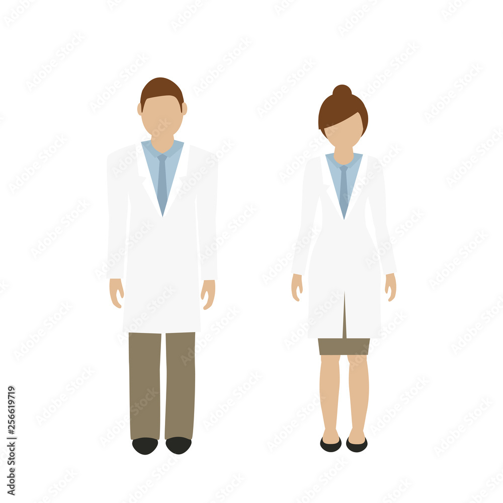 man and woman character doctor in white lab coat isolated on white background vector illustration EPS10