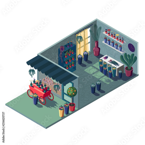 Flower shop in isometric green. With a red cart and display case