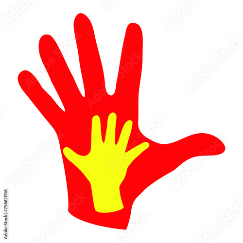 Children's hand on the background of an adult hand. This emblem is a symbol of trust, care, protection and parental love