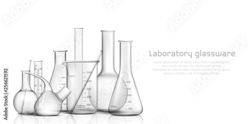 Chemical, biological science laboratory glassware collection 3d realistic vector banner, poster. Empty, graduated with milliliters scale glass tube, beaker and flask illustration on white background photo