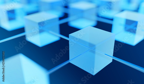 Blockchain concept 3d rendering with blue cubes and chains stands.as cryptocurrency digital code chain.