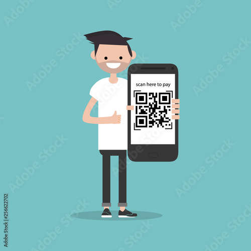 Qr code payment.Scan here to pay.Young character with smartphone.Flat cartoon design.Clip art