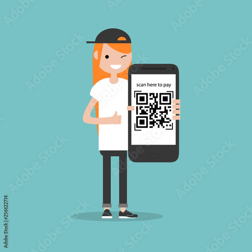 Qr code payment.Scan here to pay.Young character with smartphone.Flat cartoon design.Clip art