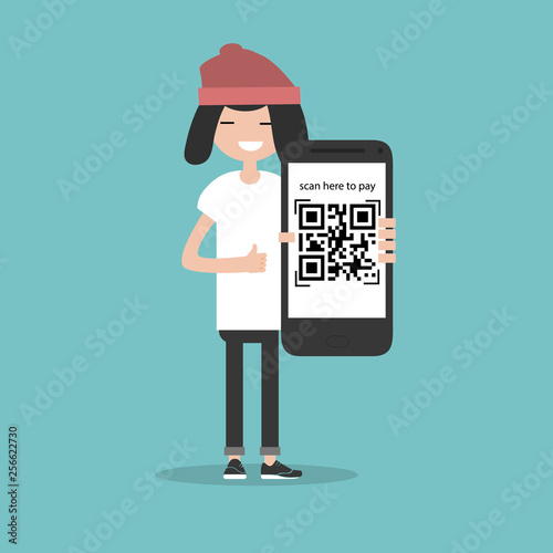 Qr code payment.Scan here to pay.Young character with smartphone.Flat cartoon design.Clip art