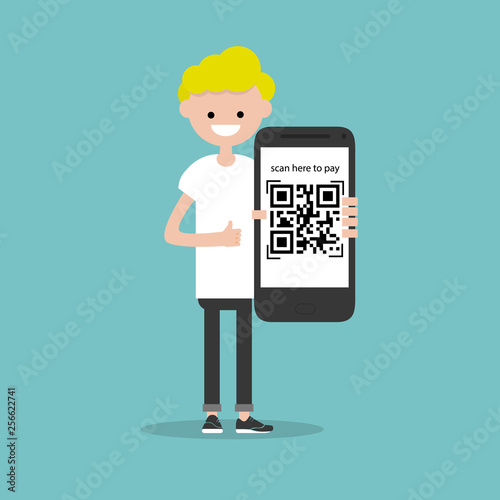 Qr code payment.Scan here to pay.Young character with smartphone.Flat cartoon design.Clip art
