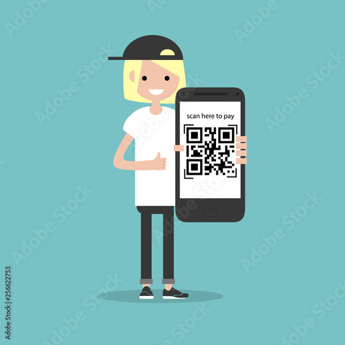 Qr code payment.Scan here to pay.Young character with smartphone.Flat cartoon design.Clip art