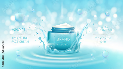 Vector cosmetic banner with 3d realistic blue open jar for skin care cream in water crown, splash, mockup for promotion. Beauty product concept with wavy water surface and bokeh for glossy magazine