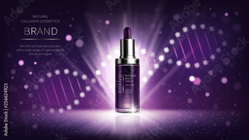 Vector realistic cosmetic ads poster. Smart skin care cosmetics, night serum with collagen on purple background with DNA helix. Product for skin beauty, mock up for glossy magazine, catalog photo