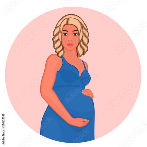 Vector illustration of a beautiful pregnant woman in a blue dress with hands on belly at half-turn. For advertising, medical publications, medicines package, medicinal products, skin cream.