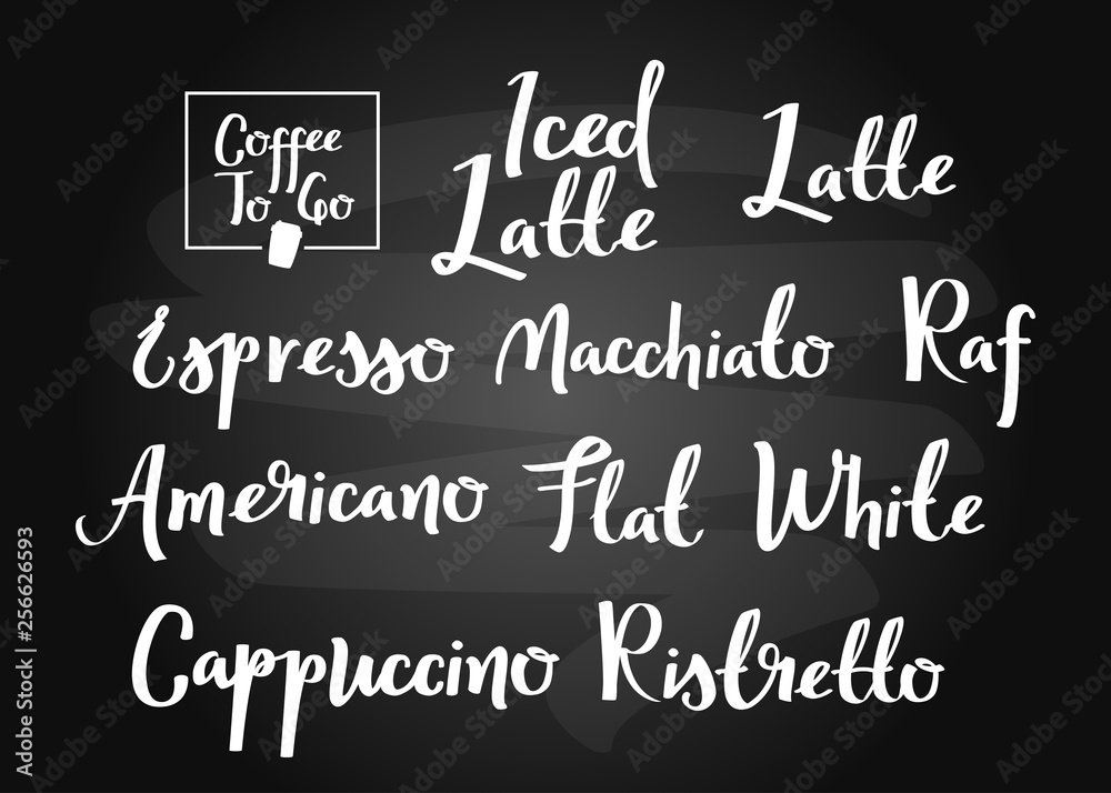 Fototapeta premium Coffee types calligraphic set. Handwritten typographic collection. Chalkboard style.