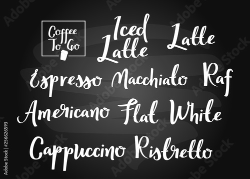 Coffee types calligraphic set. Handwritten typographic collection. Chalkboard style.