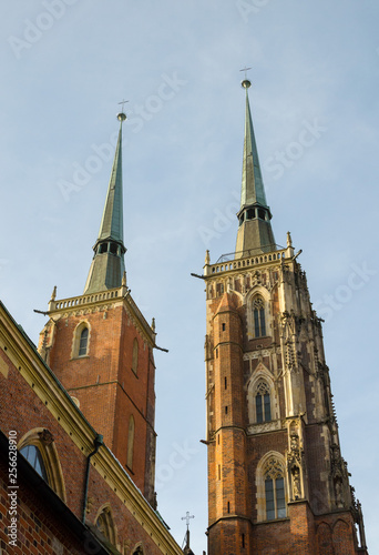 Katedra sw Jana Chrzciciela or st. John the Baptist cathedral Wroclaw, Poland. View from back side of two towers.