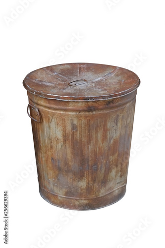 Old rusty trash can isolated on white background with clipping path