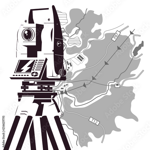 Total station and area map silhouette for surveyor