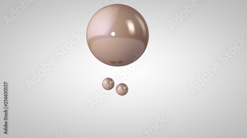 3D illustration of pink, shiny balls, one big and two small balls. Spheres in the air, isolated on a white background. 3D rendering of an abstraction. Space with geometric, round objects.